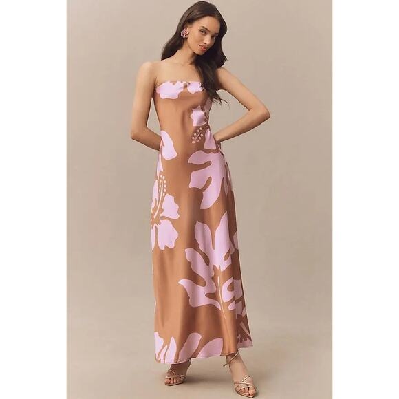 Hutch Women's Strapless Column Satin Maxi Dress Brown Purple Print Size M NWOT